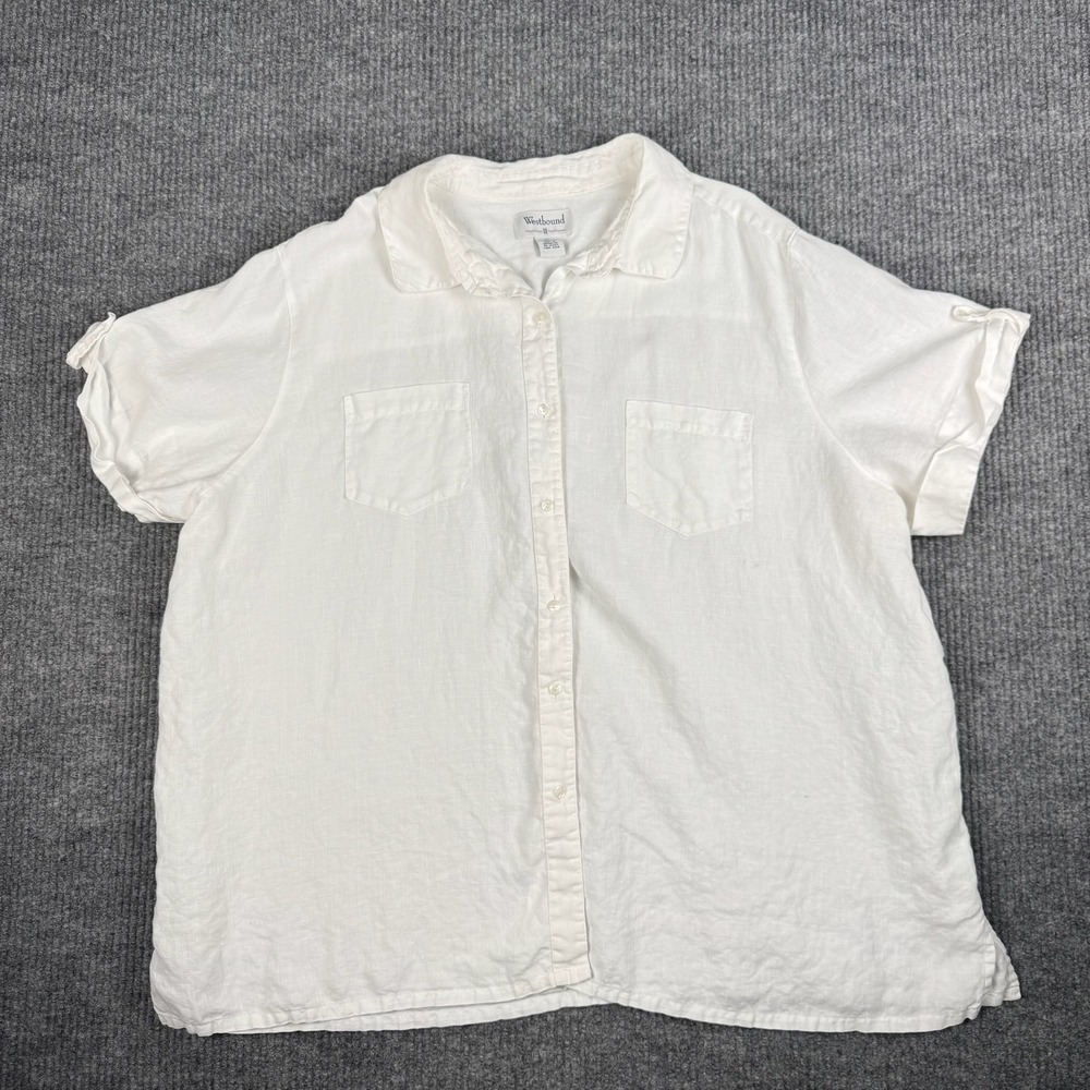 Westbound Button Up Shirt Women 3X White Linen Short Sleeve Coastal Minimalist